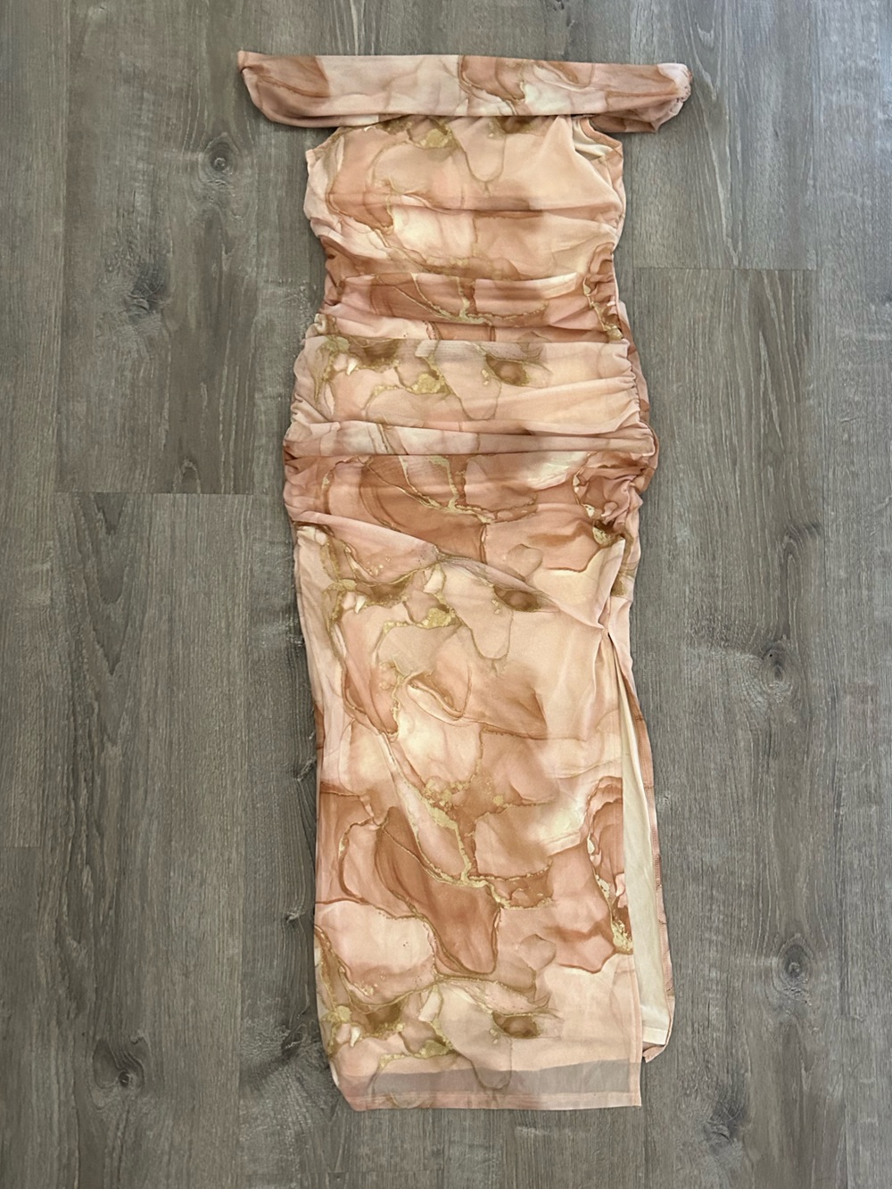 SHEIN Off the Shoulder Cream Brown Marble Print Long Maxi Dress